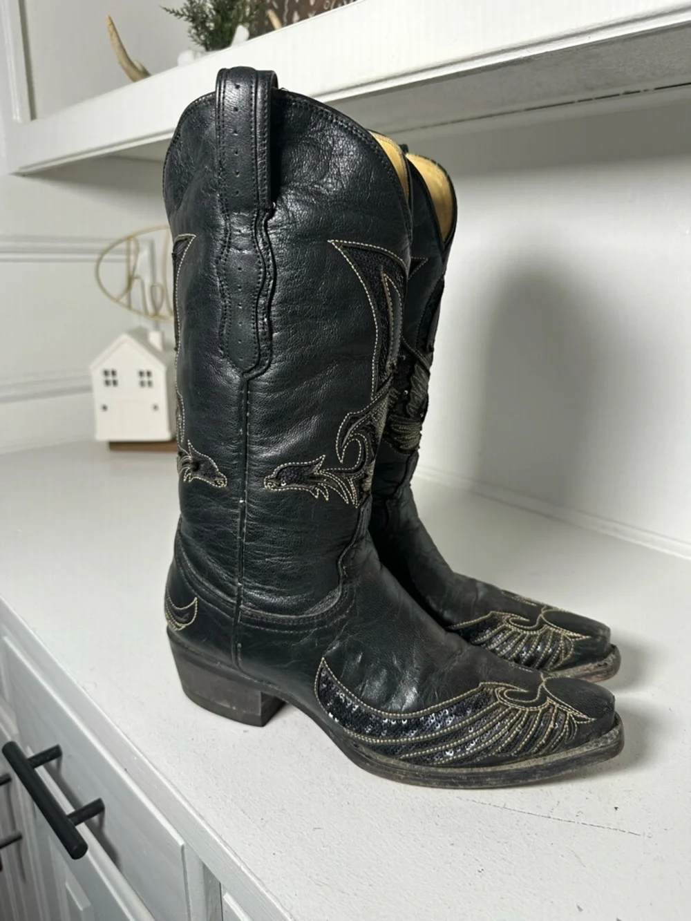 Rudel Womens 6.5E Black Leather Cowboy Boots Wing Stitch Western Embroidered - Picture 6 of 10